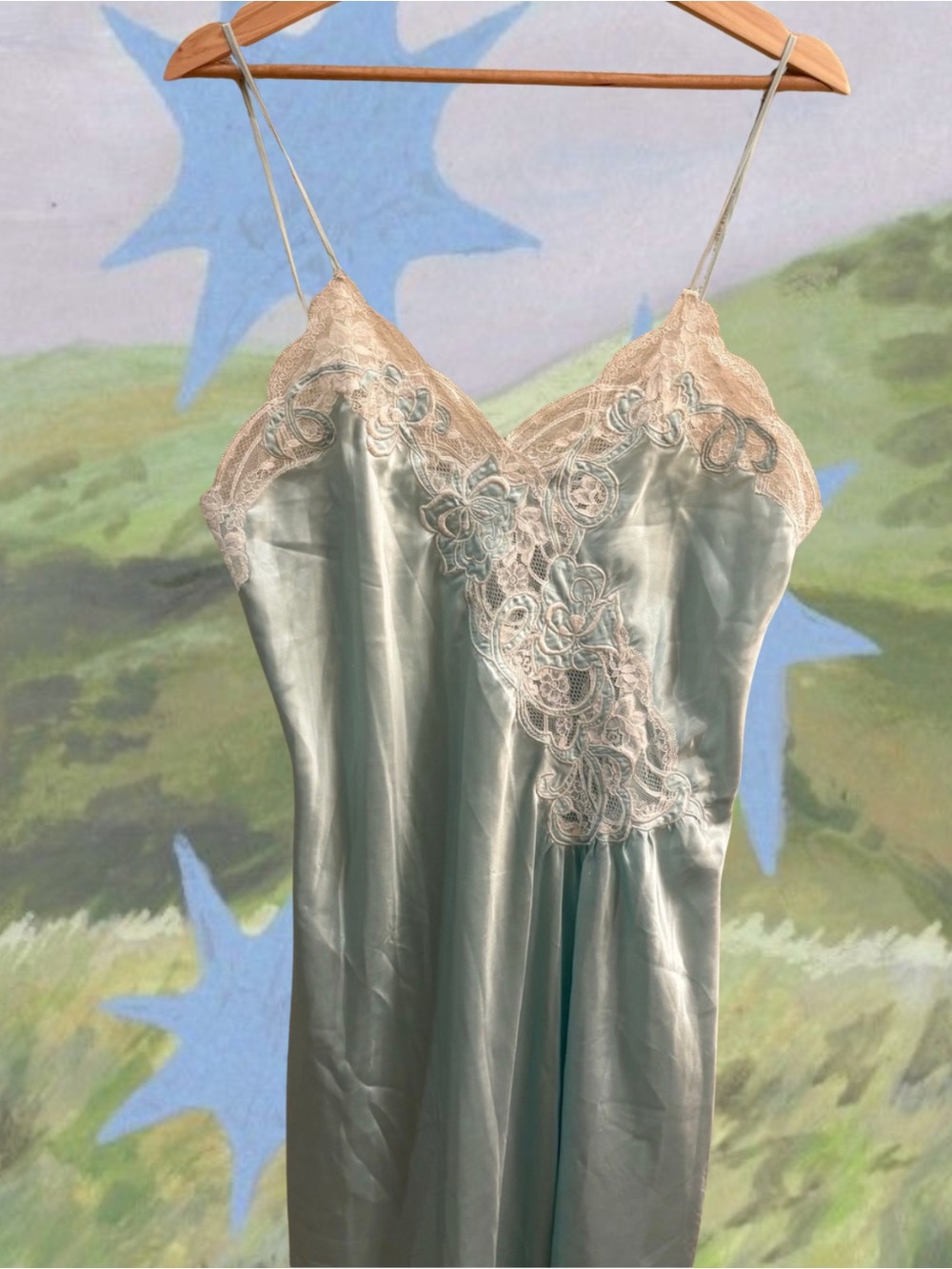 Vintage Natori Aqua Mint Blue Satin Long Slip Dress Nightgown Lace Trim